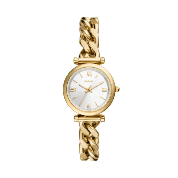Fossil Carlie gold-tone chain bracelet watch with silver dial, 28mm ES5329, front view
