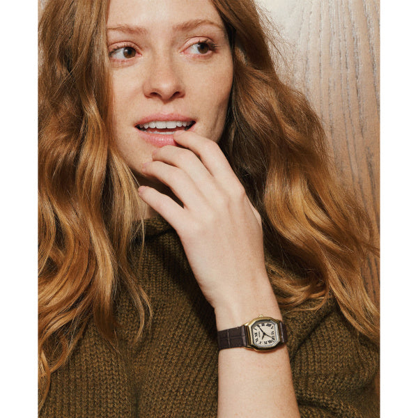 Fossil Harlow Gold-Tone Brown Leather Watch Cream Dial 27mm ES5426 - on wrist