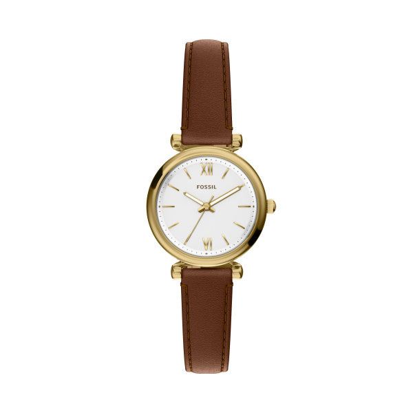 Fossil Carlie Gold-Tone Brown Leather Watch White Dial 28mm ES5464
