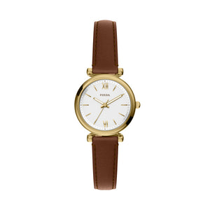 Fossil Carlie Gold-Tone Brown Leather Watch White Dial 28mm ES5464