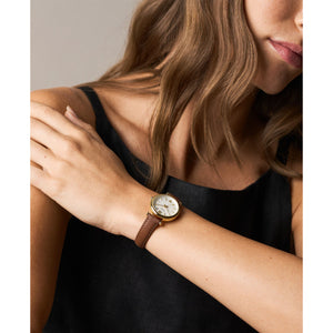 Fossil Carlie Gold-Tone Brown Leather Watch White Dial 28mm ES5464