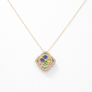 18k Yellow Gold Square design Necklace with Multicolor Gems, TDW: 0.35