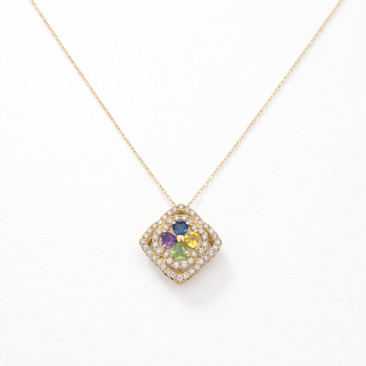 18k Yellow Gold Square design Necklace with Multicolor Gems, TDW: 0.35