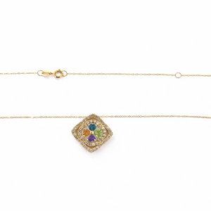 18k Yellow Gold Square design Necklace with Multicolor Gems, TDW: 0.35