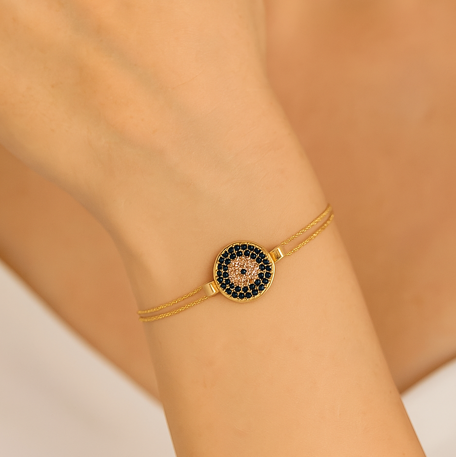 18k Yellow Gold Medallion Evil Eye Double-Layer Chain Bracelet. 18k, 2.4gr, 6 1/4"