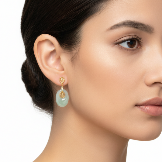 Yellow Gold Jade Dangling Earrings. 14k