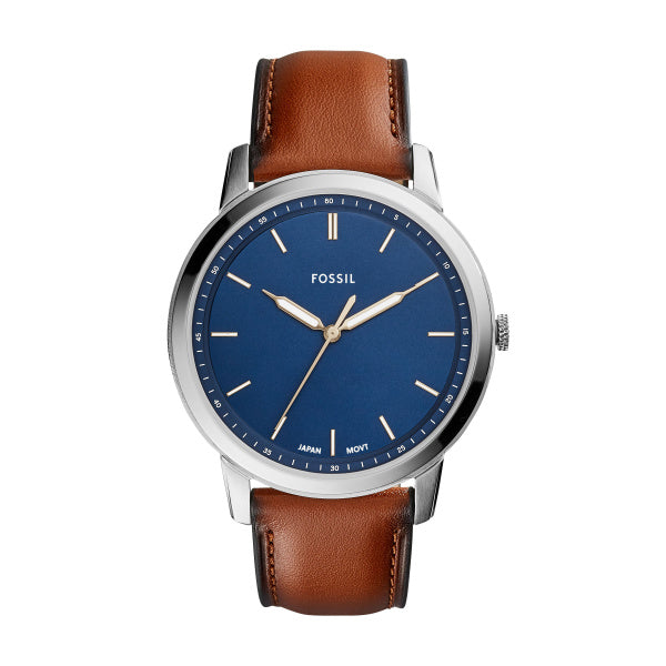 Fossil Minimalist Stainless Steel Blue Dial Leather Watch 44mm FS5304