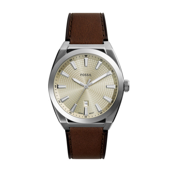 Fossil Everett Silver-Tone Brown Leather Watch Cream Dial 42mm FS6071 – front view