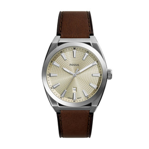Fossil Everett Silver-Tone Brown Leather Watch Cream Dial 42mm FS6071 – front view