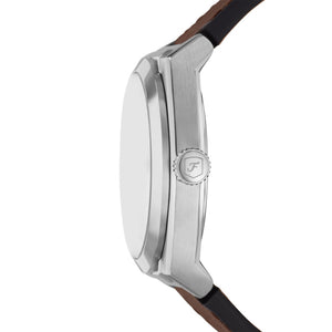 Fossil Everett Silver-Tone Brown Leather Watch Cream Dial 42mm FS6071 – side profile with crown