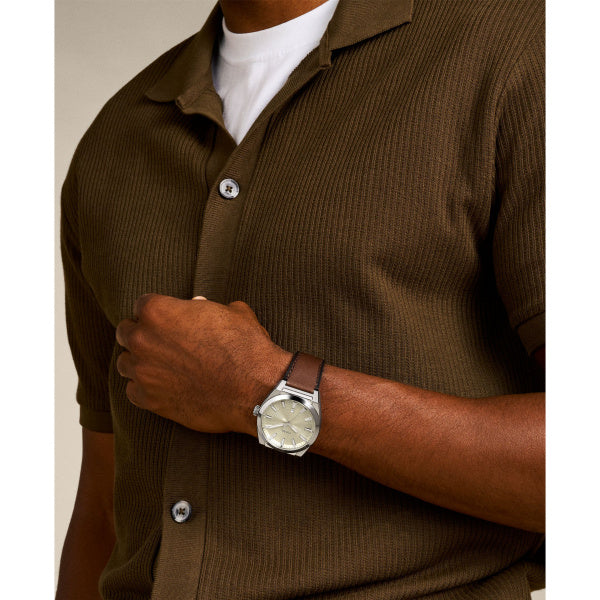 Fossil Everett Silver-Tone Brown Leather Watch Cream Dial 42mm FS6071 – on wrist
