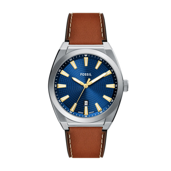 Fossil Everett Silver-Tone Brown Leather Watch Blue Dial 42mm FS6115