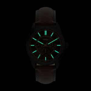 Fossil Pearson Multifunction Black Brown Leather Watch 42mm FS6138 – side profile with crown
