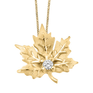 14K Yellow Gold Maple Leaf Necklace with Fire and Ice Canadian Diamond
