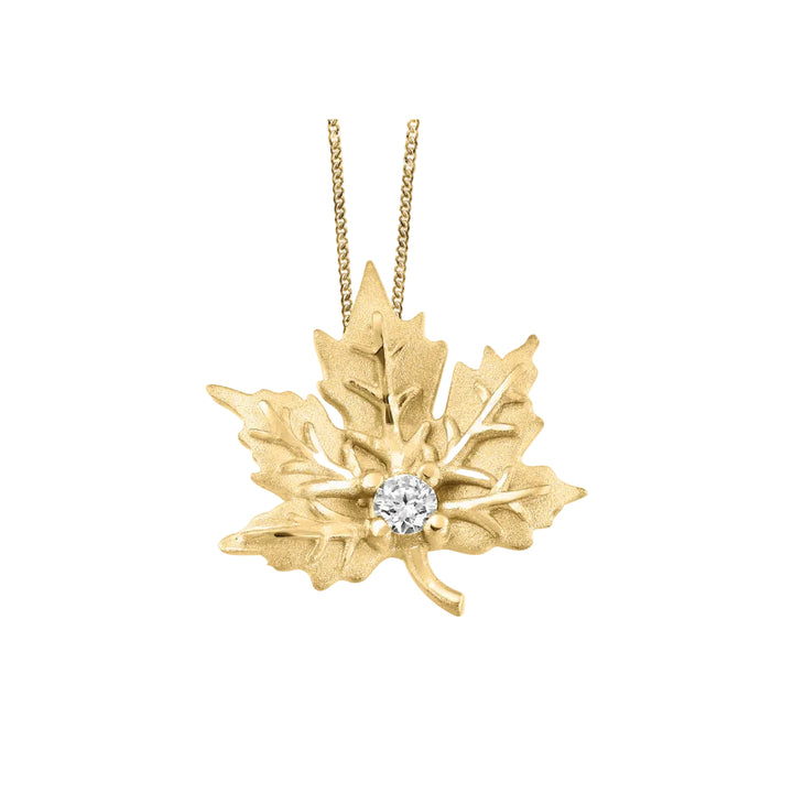 14K Yellow Gold Maple Leaf Necklace with Fire and Ice Canadian Diamond
