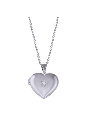 Silver 925 Rhodium Plated Heart Locket Star Clear CZ Necklace STP01821