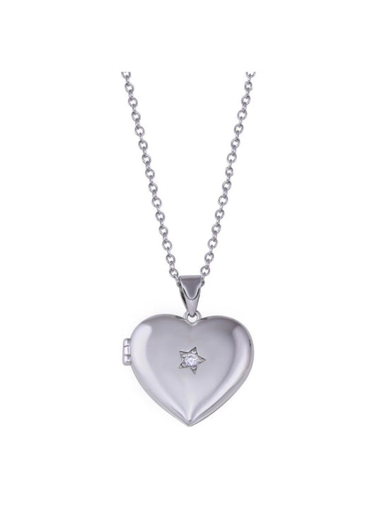 Silver 925 Rhodium Plated Heart Locket Star Clear CZ Necklace STP01821