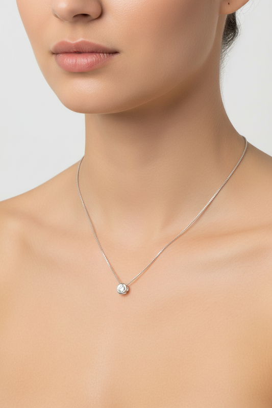 925 Sterling Silver Clear CZ Rhodium Plated Round Solitaire CZ Necklace