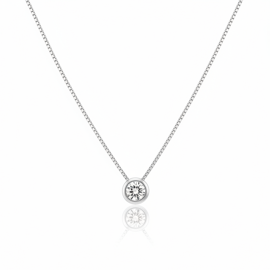 925 Sterling Silver Clear CZ Rhodium Plated Round Solitaire CZ Necklace