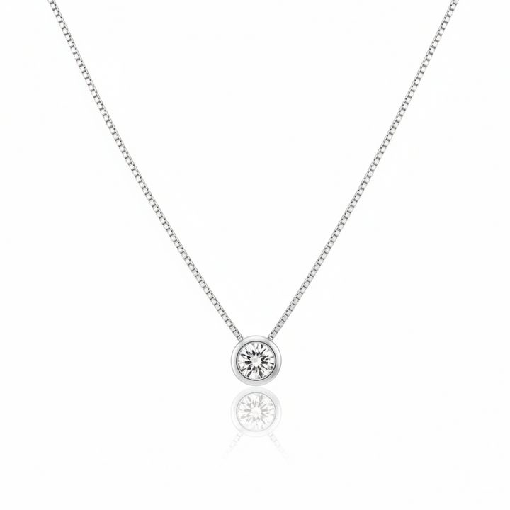 Sterling Silver Clear CZ Rhodium-Plated Round Solitaire CZ Necklace