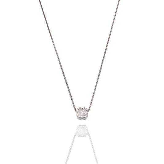 Rhodium Plated 925 Sterling Silver Four Leaf Clover on Adjustable Box Chain Necklace