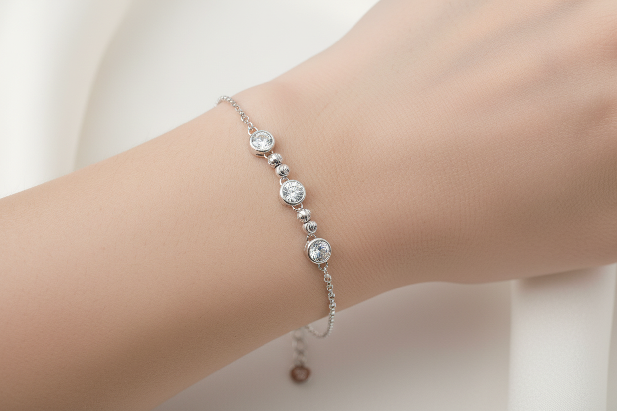Sterling Silver Rhodium-Plated Sterling Silver Beaded 3 Stones Link Bracelet