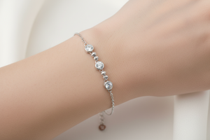 Sterling Silver Rhodium-Plated Sterling Silver Beaded 3 Stones Link Bracelet