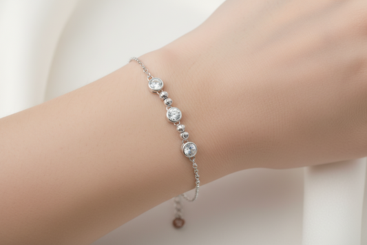 Sterling Silver Rhodium-Plated Sterling Silver Beaded 3 Stones Link Bracelet