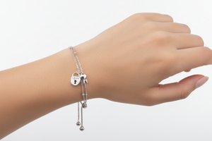Sterling Silver Rhodium-Plated Sterling Silver Layered Lock and Key Chain Lariat Bracelet