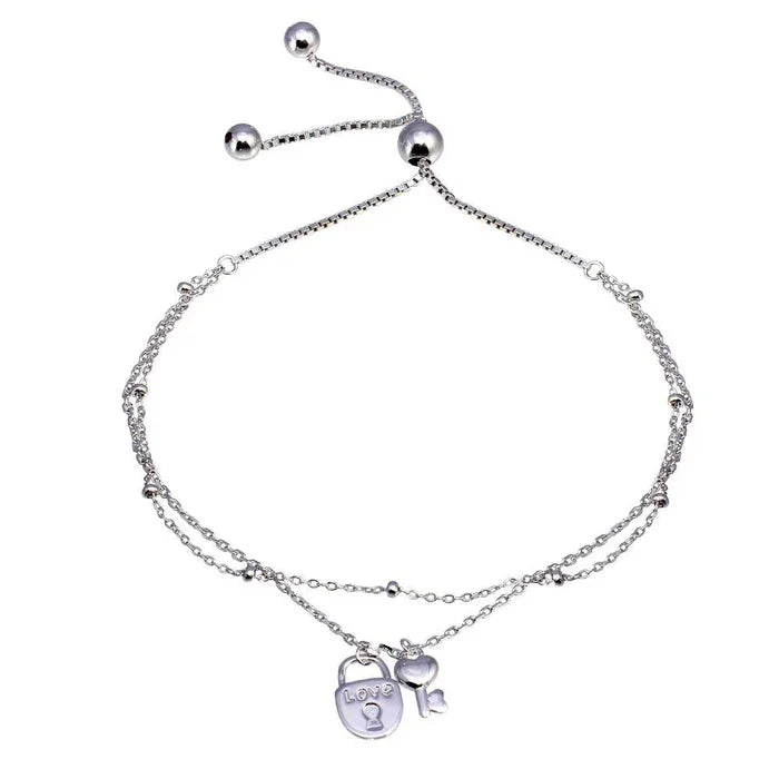 Rhodium Plated 925 Sterling Silver Layered Lock and Key Chain Lariat Bracelet