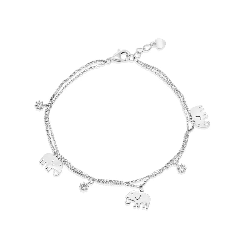 Rhodium Plated 925 Sterling Silver Elephant and Clear CZ Charms Adjustable Bracelet