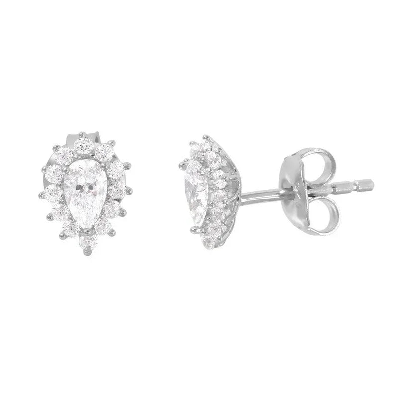 Silver 925 Rhodium Plated CZ Teardrop Stud Earrings