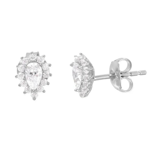 Silver 925 Rhodium Plated CZ Teardrop Stud Earrings