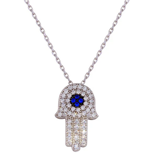 Rhodium Plated 925 Sterling Silver CZ Hamsa Necklace, Adjustable chain 16 to 18 Inches