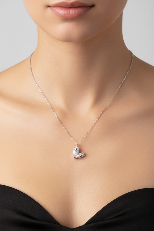 Rhodium Plated 925 Sterling Silver Heart Clear CZ Adjustable Necklace