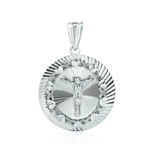Rhodium Plated 925 Sterling Silver Diamond Cut Crucifix Round Pendant