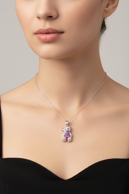 Rhodium Plated 925 Sterling Silver Small Teddy Bear Red Baguette and Clear CZ Pendant