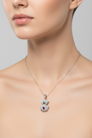 Rhodium Plated 925 Sterling Silver Teddy Bear Red Heart Black and Clear CZ Pendant