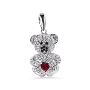 Rhodium Plated 925 Sterling Silver Teddy Bear Red Heart Black and Clear CZ Pendant