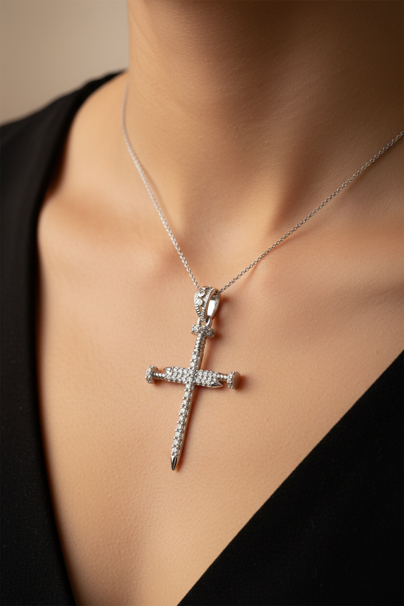 Rhodium Plated 925 Sterling Silver Nail Cross CZ Pendant