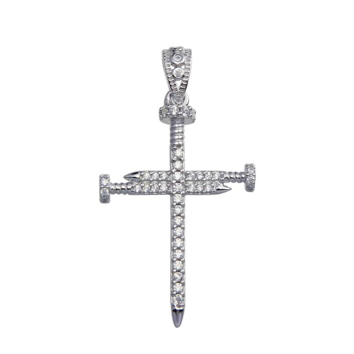 Sterling Silver Rhodium-Plated Sterling Silver Nail Cross CZ Pendant