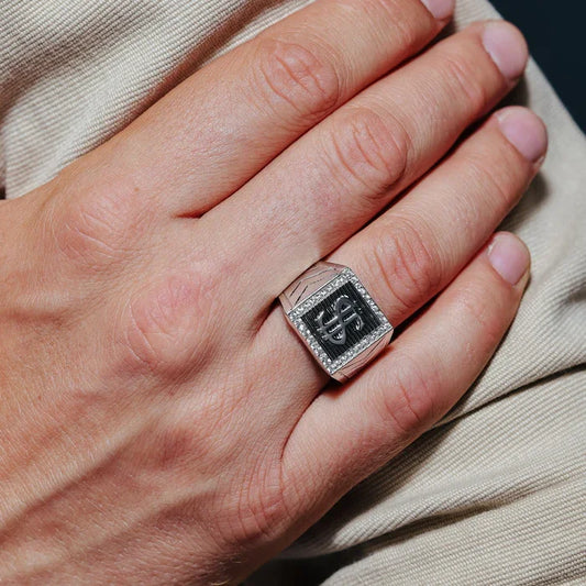 Sterling Silver Rhodium Dollar Sign Ring with CZ