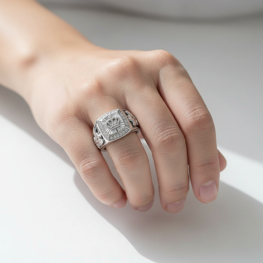 925 Sterling Silver Rhodium Plated Men's Crown Ring