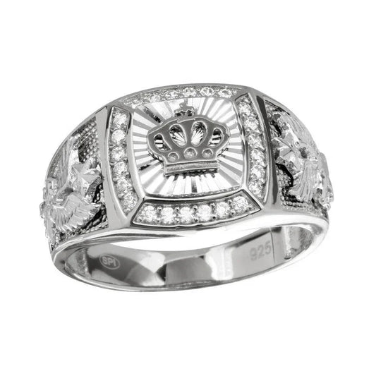 925 Sterling Silver Rhodium Plated Men's Crown Ring