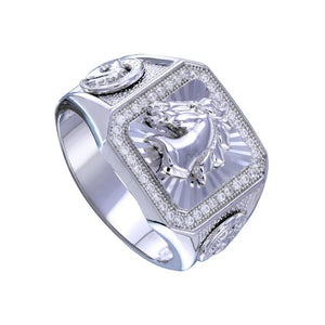 925 Sterling Silver  Rhodium Plated Men's Stallion Statement CZ Ring