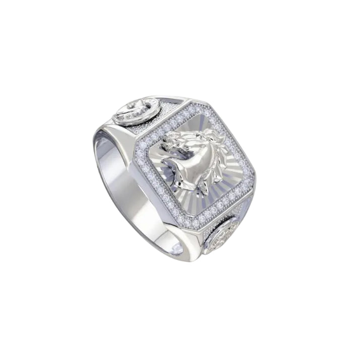 925 Sterling Silver Rhodium-Plated Men's Stallion Statement CZ Ring