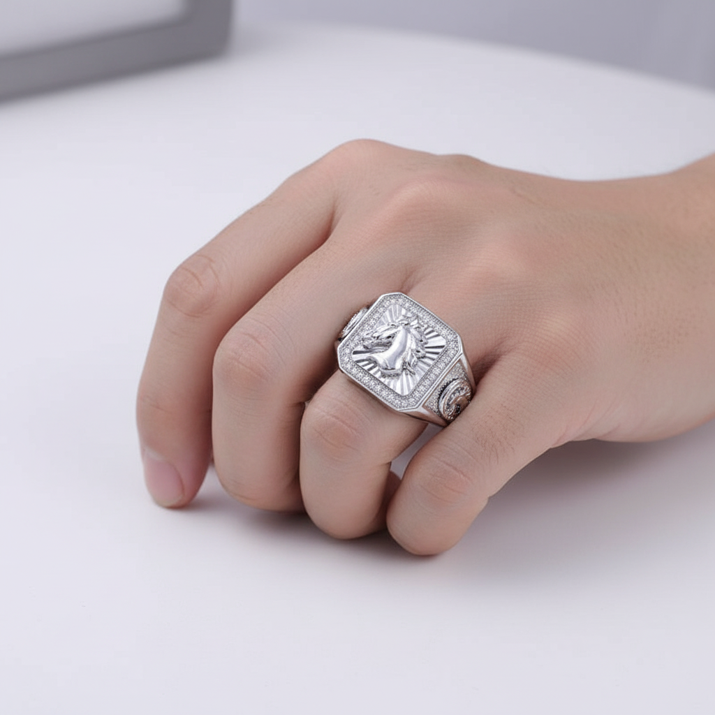 Sterling Silver Rhodium-Plated Men's Stallion Statement CZ Ring