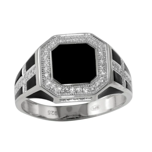 Silver Rhodium Plated Ring with Onyx and CZ