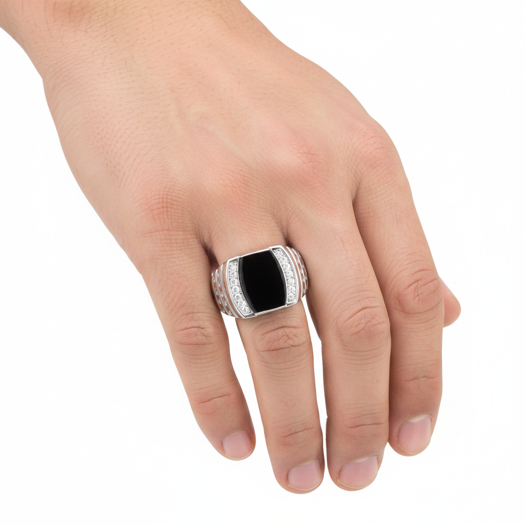 925 Sterling Silver Setting with Onyx and Cubic Zirconia Ring