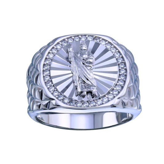 Sterling Silver Rhodium-Plated Sterling Silver Saint Jude CZ Ring